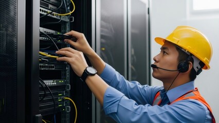 Asian man technician wearing a safety helmet and headset working on a network server in a data center for IT maintenance and cybersecurity concept.
