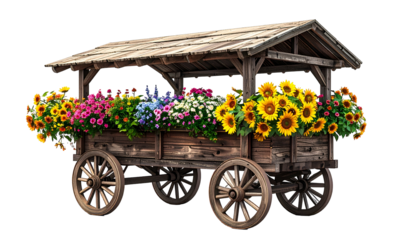 A vintage wooden cart overflowing with colorful sunflowers and other vibrant flowers