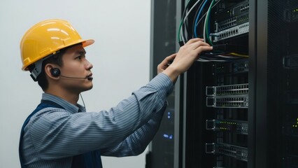 Man technician IT specialist in hard hat fixing server. Network computing service and maintenance concept. Technology professional at work.