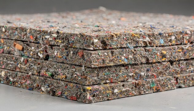 Industrial recycled felt padding sheets captured in a medium shot emphasizing ecofriendly materials and rugged texture perfect for sustainable cushioning applications.