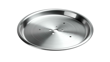Shiny, circular, metal tray with machined surface and central mounting holes