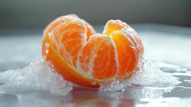 Fresh mandarin segments surrounded by water droplets showcase vibrant color and texture in close-up