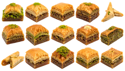 Assortment of golden, layered pastries with visible nuts, arranged on a black backdrop
