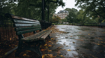 Ai park bench with raindrops on wet pavement and fallen leaves during a rainy day in an urban setting