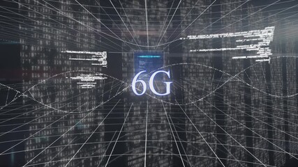 Animation of globe, dna helix, soundwave, data, numbers and 6g text over grid pattern - Powered by Adobe