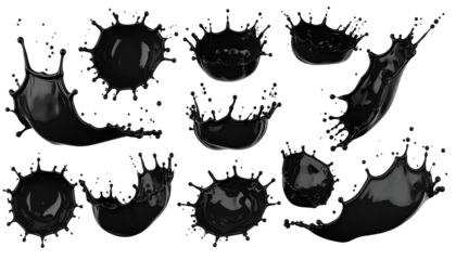A collection of dynamic, glossy black liquid splashes isolated against a stark black backdrop