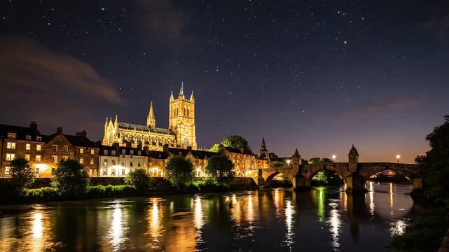 Hereford Cathedral and Wye Bridge Sunset to Night Time-Lapse 4K Video