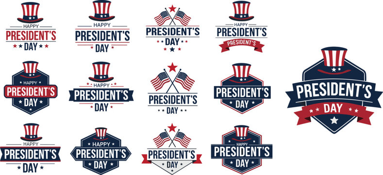 President's Day celebration design set, patriotic vector graphics, American flag, Uncle Sam hat, red white blue theme, flat vector illustration
