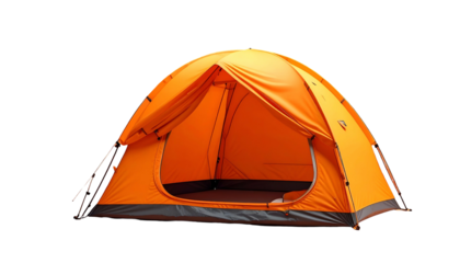 An open orange camping tent on a black background, showcasing its interior