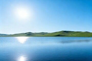 Lakeside landscape with rolling hills