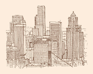 Obraz premium Architectural sketch illustration. Travel sketch of Seattle, USA. Architectural sketches of buildings, skycrapers, and rooftops. Urban sketch in brown color on beige background. Freehand drawing. 