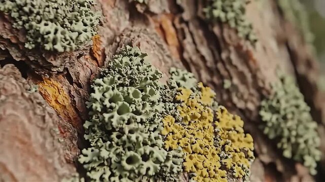 Close-up of textured tree bark covered in vibrant green and yellow lichen showcasing natural patterns and earthy tones for nature backgrounds and botanical designs
