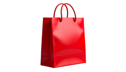 Glossy, bright red shopping bag with handles against a black background