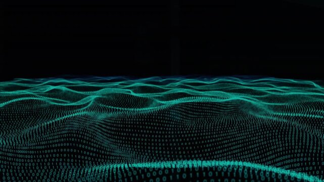 Animation of waves of binary coding over woman wearing vr headset