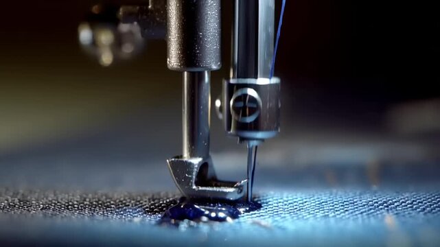 Close-up Sewing Machine Stitching Fabric, Industrial Textile Manufacturing Process, Macro View with Precision and Technology