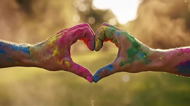 Colorful hands forming a heart shape against a blurred golden sunset background symbolizing love unity friendship and vibrant celebration with a bokeh effect