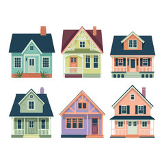 Six colorful houses with porches and chimneys in flat home building residential architecture