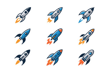 A group of colorful cartoon rockets flying in different directions upwards