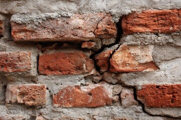 Obraz premium Close-up of Weathered Red Brick Wall with Crumbling Mortar and Rough Texture.