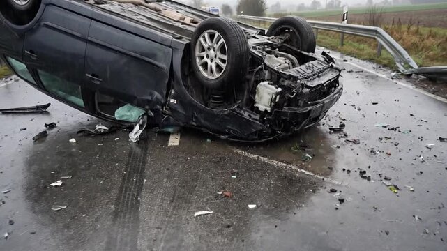 Upside down car flipped on a wet road with debris after a rollover accident