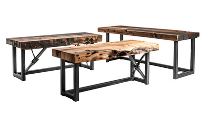 Three tiered rustic wooden tables with metal bases, isolated on black