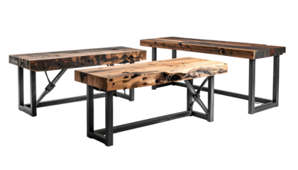 Three tiered rustic wooden tables with metal bases, isolated on black