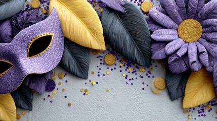 Colorful masquerade mask in purple with decorative leaves and flowers in yellow and gray, scattered confetti on a textured background for festive celebrations and events