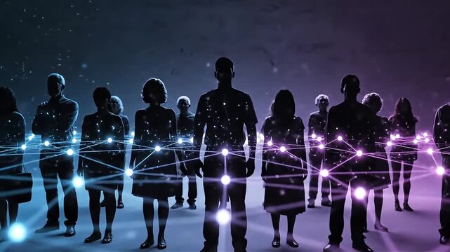 Connected People Network - Futuristic Illustration of a Diverse Group Linked by Digital Lines Representing Collaboration Teamwork and Global Communication in a Dark Setting