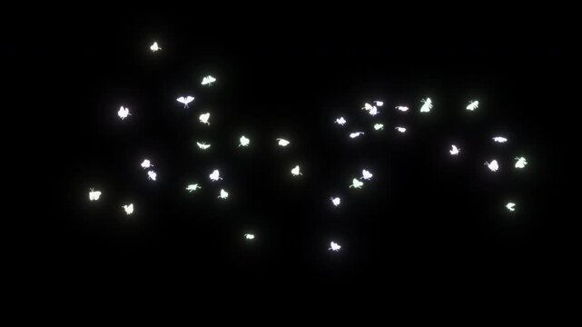 A large number of glowing 3D butterflies fly from right to left with a magical light effect. Seamless infinite loop in 4K resolution with alpha channel, ideas for fantasy and magical VFX compositions.