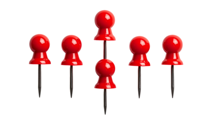 Six red push pins in a semi-symmetric arrangement against a black background