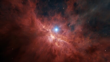 Fototapeta premium Brilliant Blue Star Illuminates Fiery Red Nebulas Swirling Gas Clouds in Deep Space.