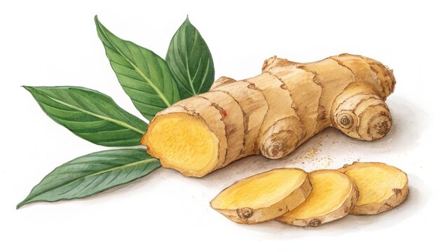 Fresh ginger root vegetable with green leaves illustration