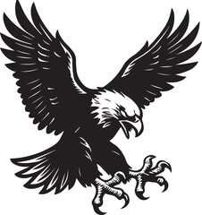 Obraz premium Stylized black and white fierce bald eagle descending with spread wings and sharp talons attack pose vector.