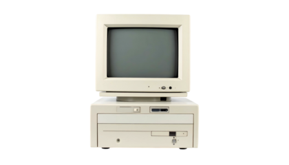 A vintage desktop computer, beige, CRT monitor atop the tower. Solid black background