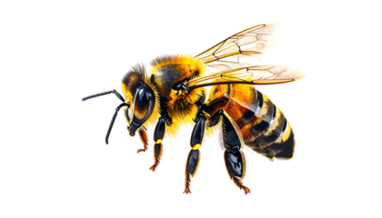 A detailed image of a honey bee, with wings extended, against a solid black background