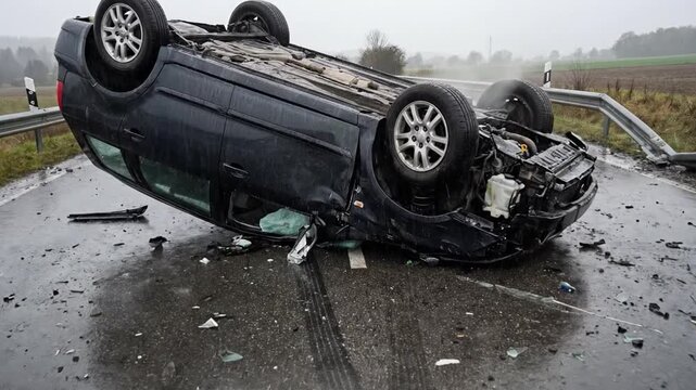 Upside down car flipped on a wet road with debris after a rollover accident