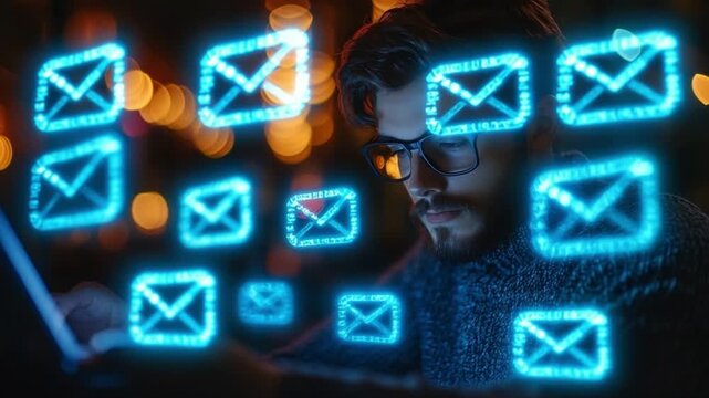 Digital communication: A focused individual in glasses immersed in the digital realm, surrounded by glowing email icons, and representing a modern connection