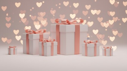Collection of white gift boxes with pink ribbons for a special present. Concept of celebration, anniversary, or engagement for greeting card.