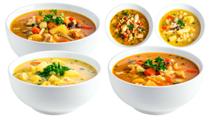 Multiple bowls of soup, each filled with different vegetables and herbs