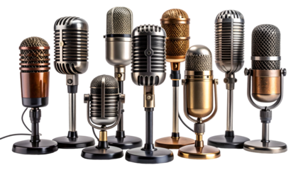 A collection of vintage-style microphones in various metallic finishes and designs