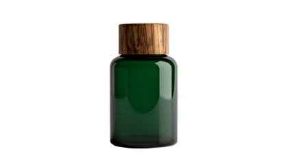 Bottle with a dark green body and a wooden cap against a stark black background