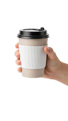 Hand holding disposable coffee cup isolated on transparent background