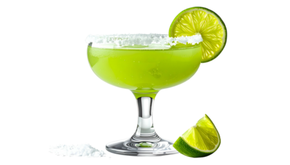 A vibrant green cocktail in a stemmed glass with a salt rim and lime garnish