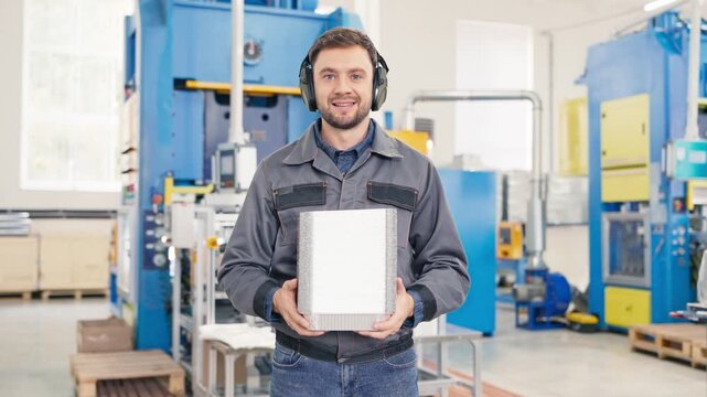 Handsome Caucasian male wearing protective headphones holding stack of foil containers in hands. Standing proudly in modern factory with industrial machines behind. Confident expression during work.