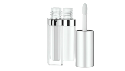 Two clear cosmetic containers, one open with applicator, silver accents, black background