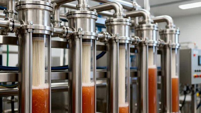 Medium shot showcasing stainless steel ultrafiltration modules in a membrane filtration station refining juice for purity without chemicals.