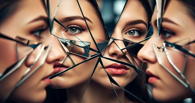 Woman Looking Through Broken Mirror Reflection.