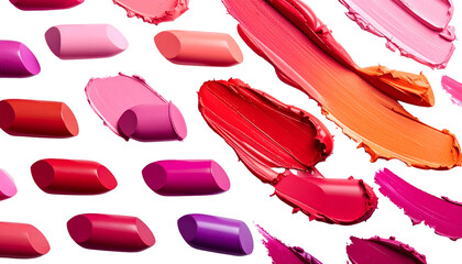 Assortment of lipsticks & swatches in various shades, scattered on a black background