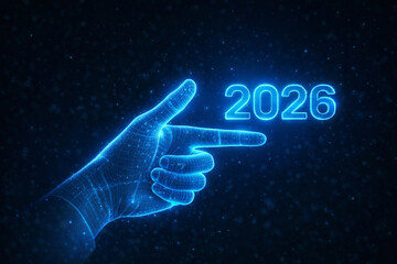 Futuristic neon hologram hand pointing at 2026 on dark background