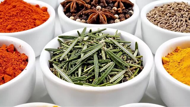 Diverse Assortment of Spices in White Bowls - Culinary Ingredients for Food Photography Cooking and Flavorful Recipes A vibrant collection showcasing aromatic herbs and seasonings